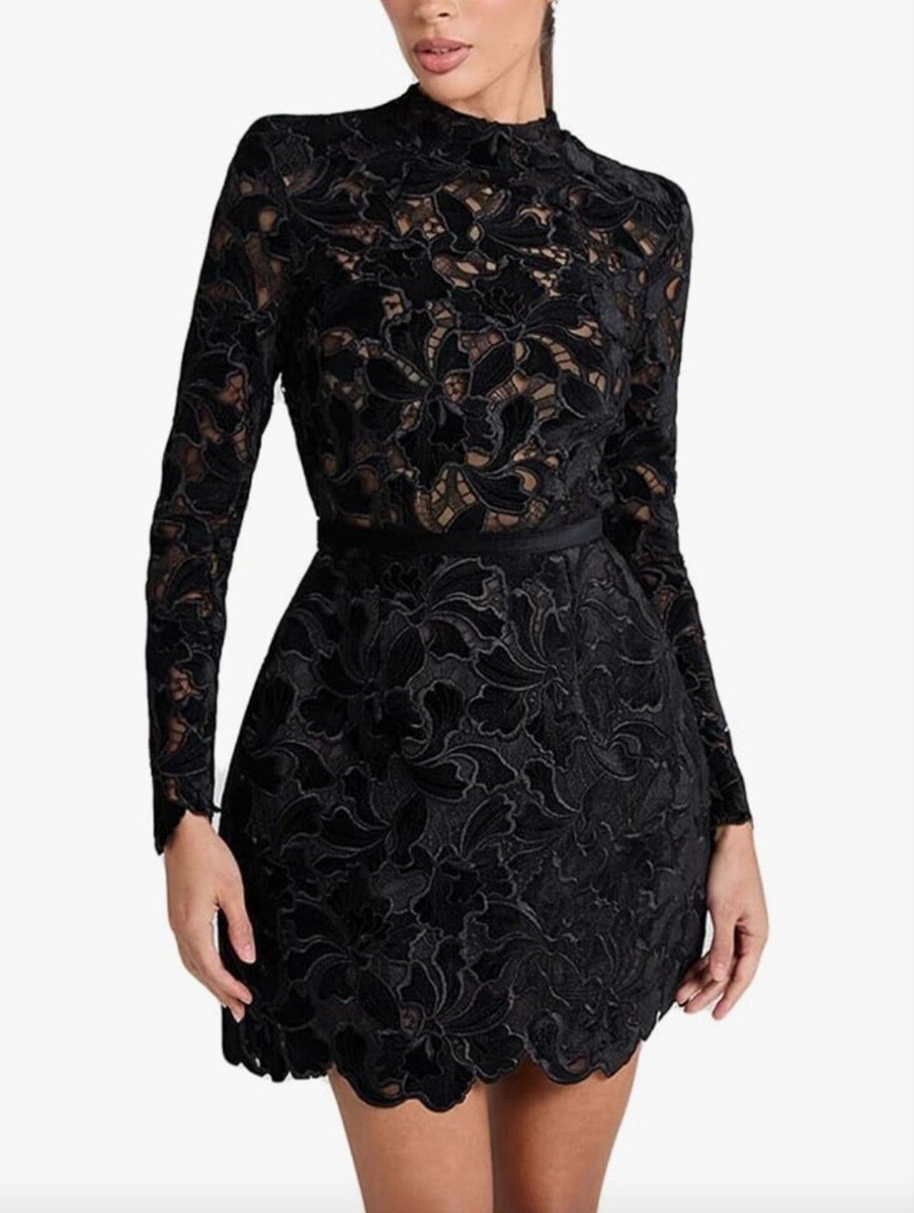Black Lace Long-Sleeve Mini Dress